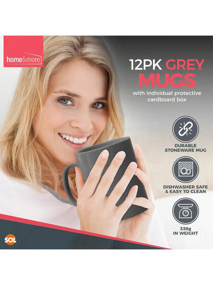 SOL Grey Mugs Set Of 12 – 330ml Coffee And Tea Cups – Durable Ceramic Drinkware For Hot Beverages, Latte, Cappuccino, Office, Home, Café, Microwave And Dishwasher Friendly