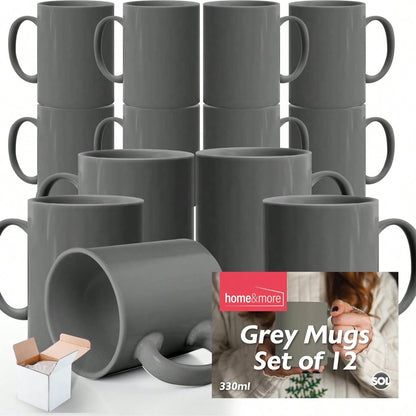 SOL Grey Mugs Set Of 12 – 330ml Coffee And Tea Cups – Durable Ceramic Drinkware For Hot Beverages, Latte, Cappuccino, Office, Home, Café, Microwave And Dishwasher Friendly
