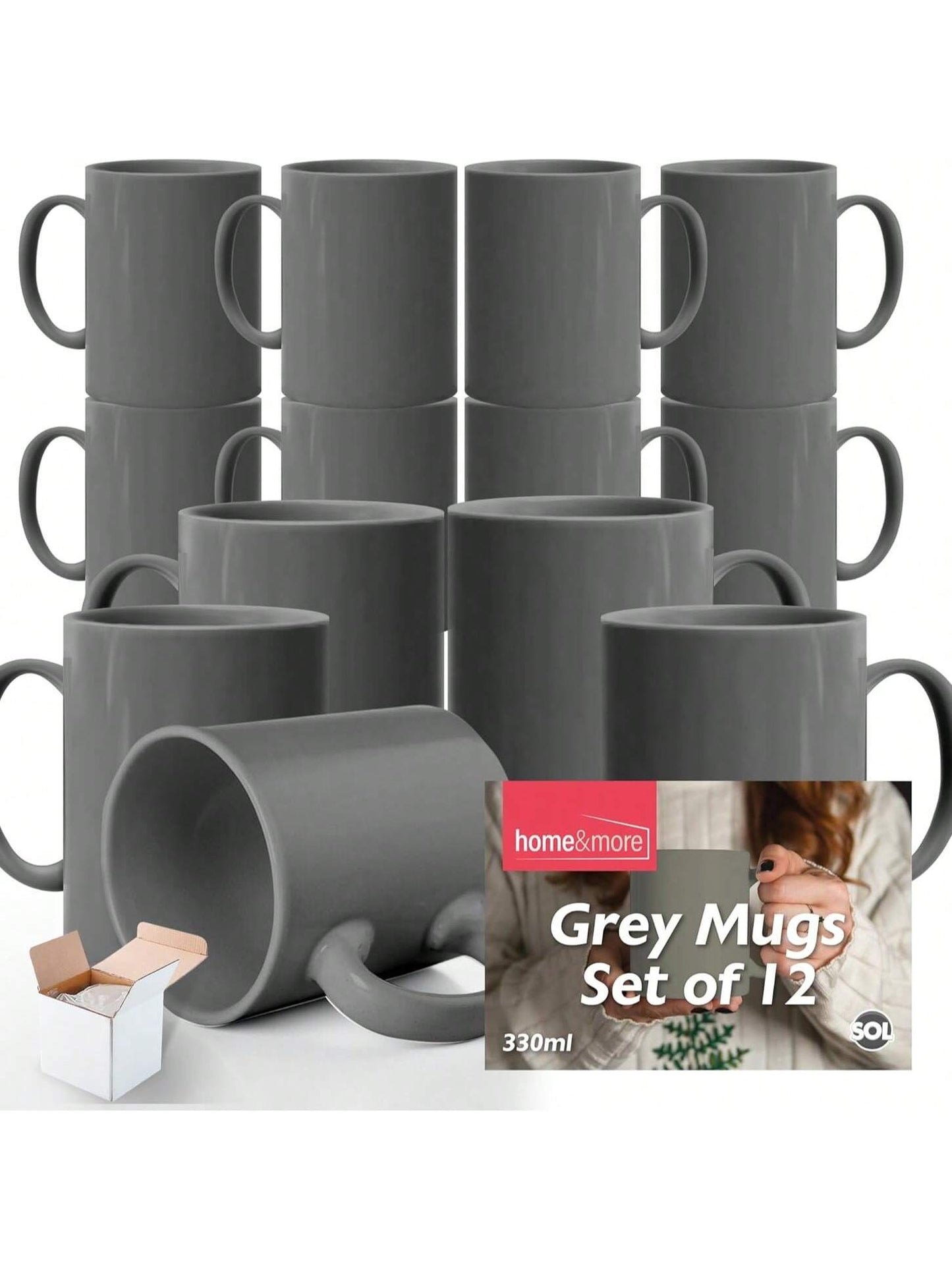 SOL Grey Mugs Set Of 12 – 330ml Coffee And Tea Cups – Durable Ceramic Drinkware For Hot Beverages, Latte, Cappuccino, Office, Home, Café, Microwave And Dishwasher Friendly