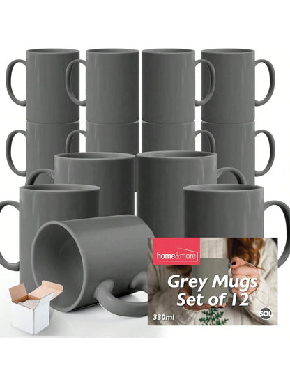 SOL Grey Mugs Set Of 12 – 330ml Coffee And Tea Cups – Durable Ceramic Drinkware For Hot Beverages, Latte, Cappuccino, Office, Home, Café, Microwave And Dishwasher Friendly