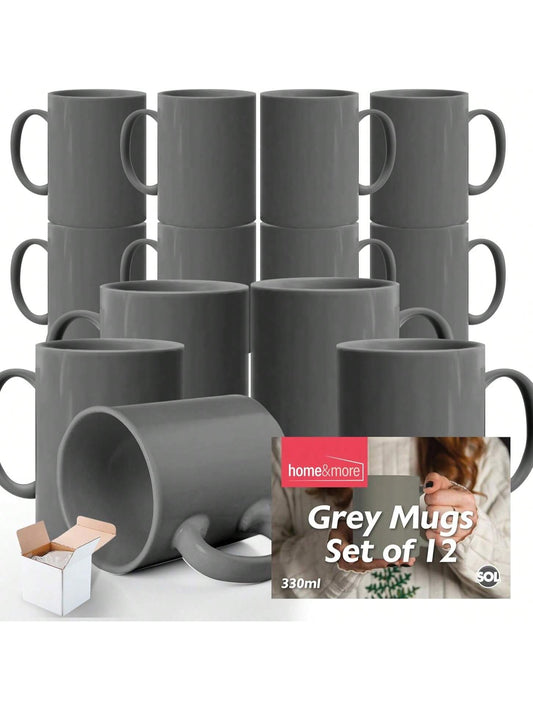 SOL Grey Mugs Set Of 12 – 330ml Coffee And Tea Cups – Durable Ceramic Drinkware For Hot Beverages, Latte, Cappuccino, Office, Home, Café, Microwave And Dishwasher Friendly