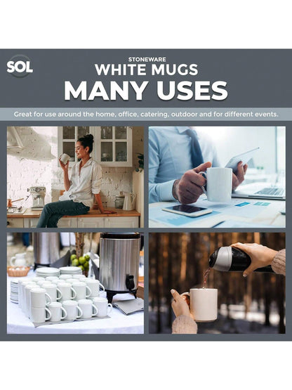 SOL 12pk White Mugs - 11oz 100% Lead & Cadmium Free Stoneware Coffee & Tea Mugs - Perfect For Kitchens, Restaurants & Cafes, Great Gift Idea