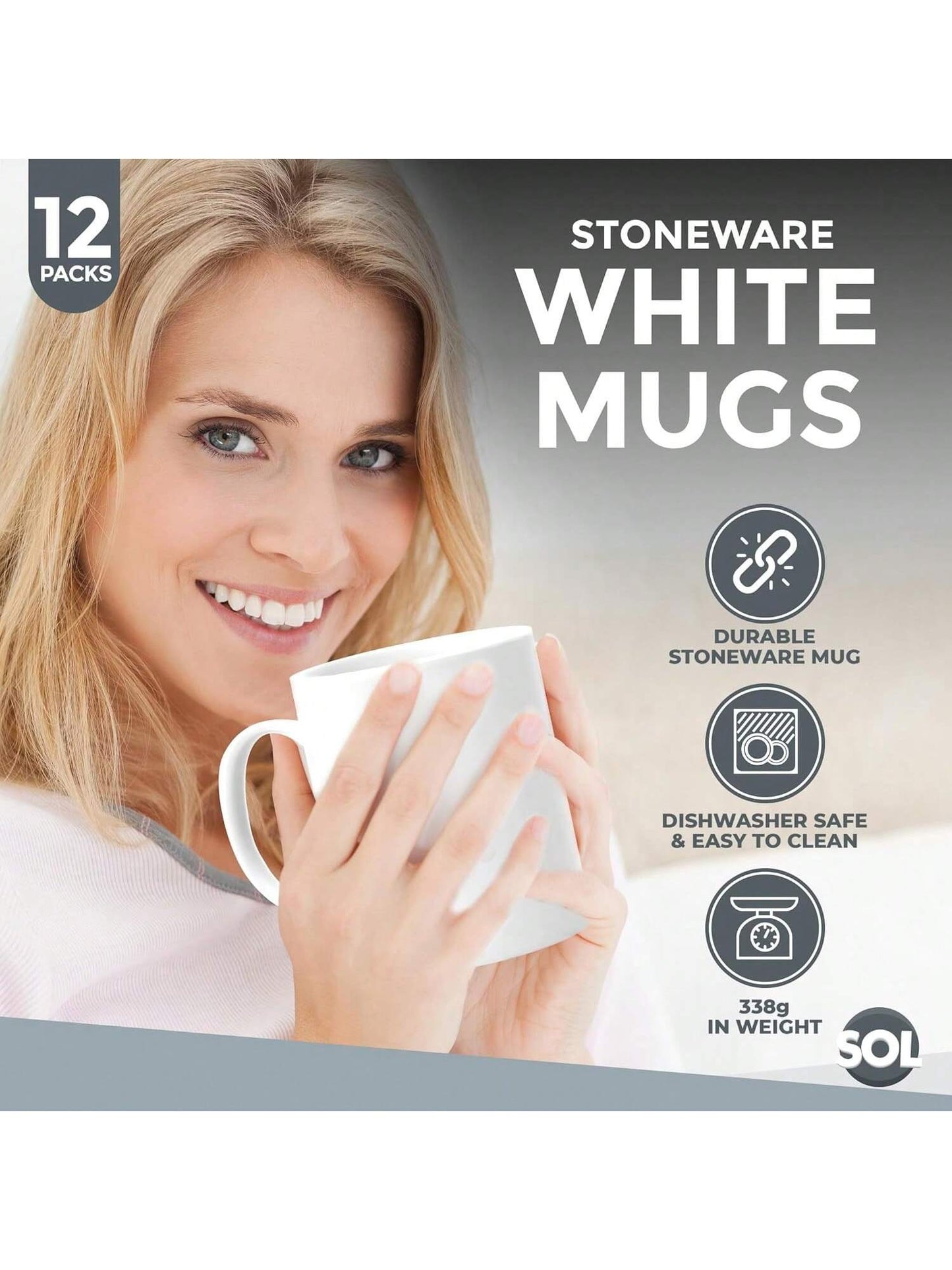 SOL 12pk White Mugs - 11oz 100% Lead & Cadmium Free Stoneware Coffee & Tea Mugs - Perfect For Kitchens, Restaurants & Cafes, Great Gift Idea