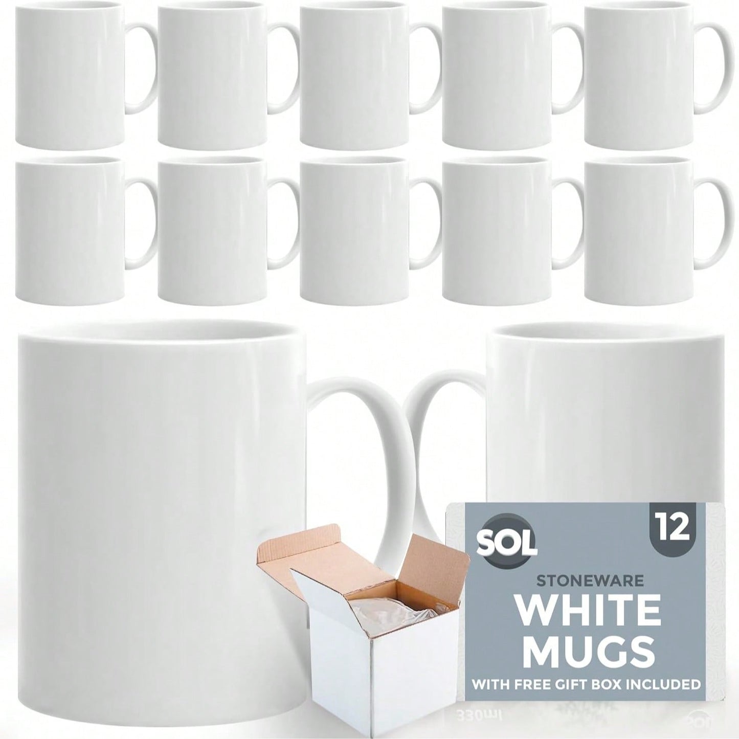 SOL 12pk White Mugs - 11oz 100% Lead & Cadmium Free Stoneware Coffee & Tea Mugs - Perfect For Kitchens, Restaurants & Cafes, Great Gift Idea