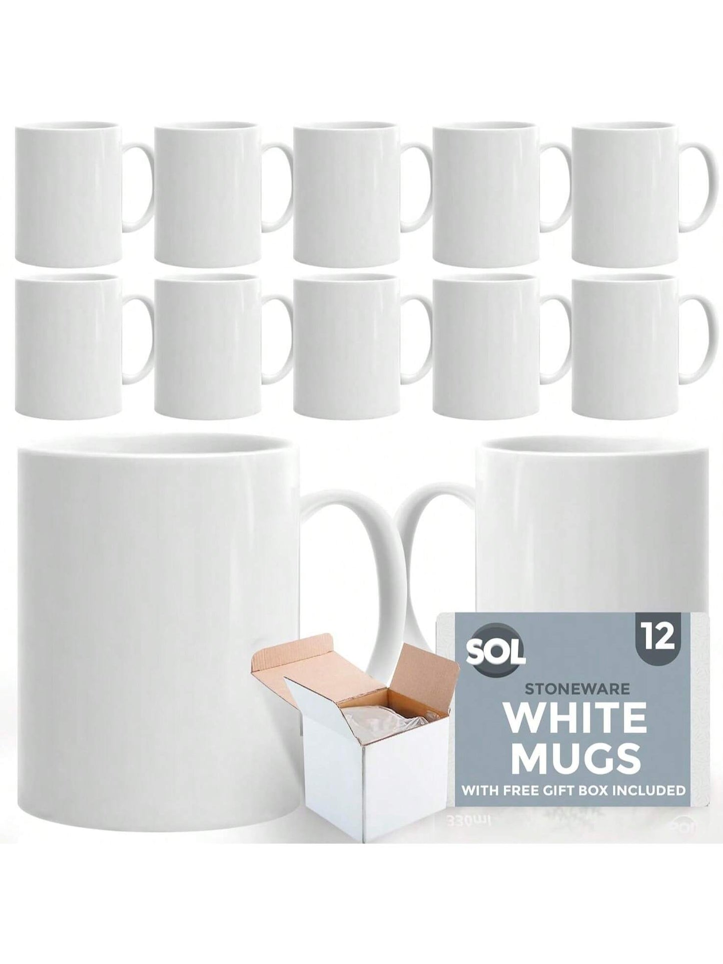 SOL 12pk White Mugs - 11oz 100% Lead & Cadmium Free Stoneware Coffee & Tea Mugs - Perfect For Kitchens, Restaurants & Cafes, Great Gift Idea