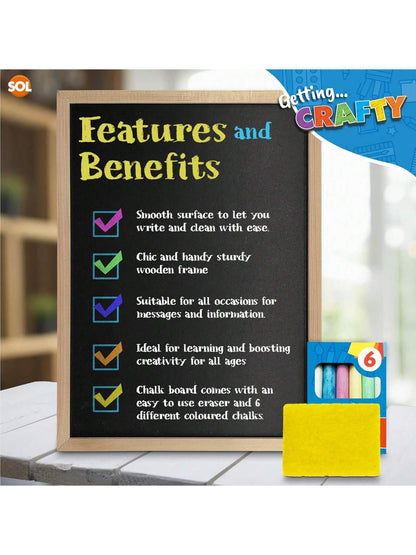 SOL Chalkboard With Chalk & Eraser Set, 21 X 28cm Small Chalkboard For Kids, Lightweight & Portable Blackboard With Wooden Frame, Wall Mounting, Ideal For Home, Office, Classrooms & Creative Drawings