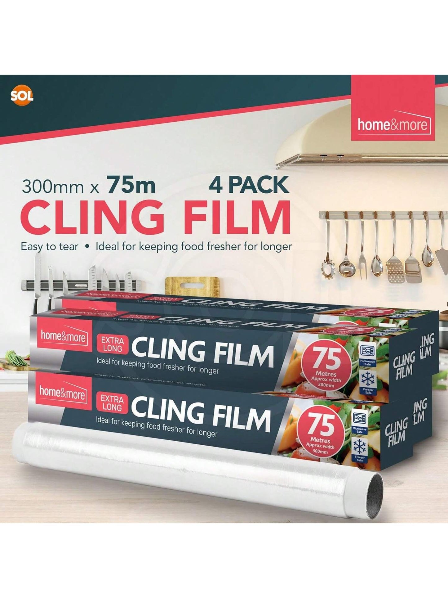 SOL 4pk Cling Film For Food 75m X 30cm – Catering Cling Film With Dispenser & Cutter – Food Wrap Refill Rolls For Kitchen, Meal Prep, And Food Storage, Easy To Use
