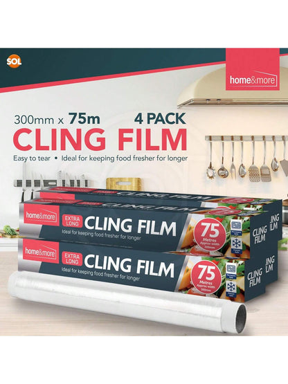 SOL 4pk Cling Film For Food 75m X 30cm – Catering Cling Film With Dispenser & Cutter – Food Wrap Refill Rolls For Kitchen, Meal Prep, And Food Storage, Easy To Use