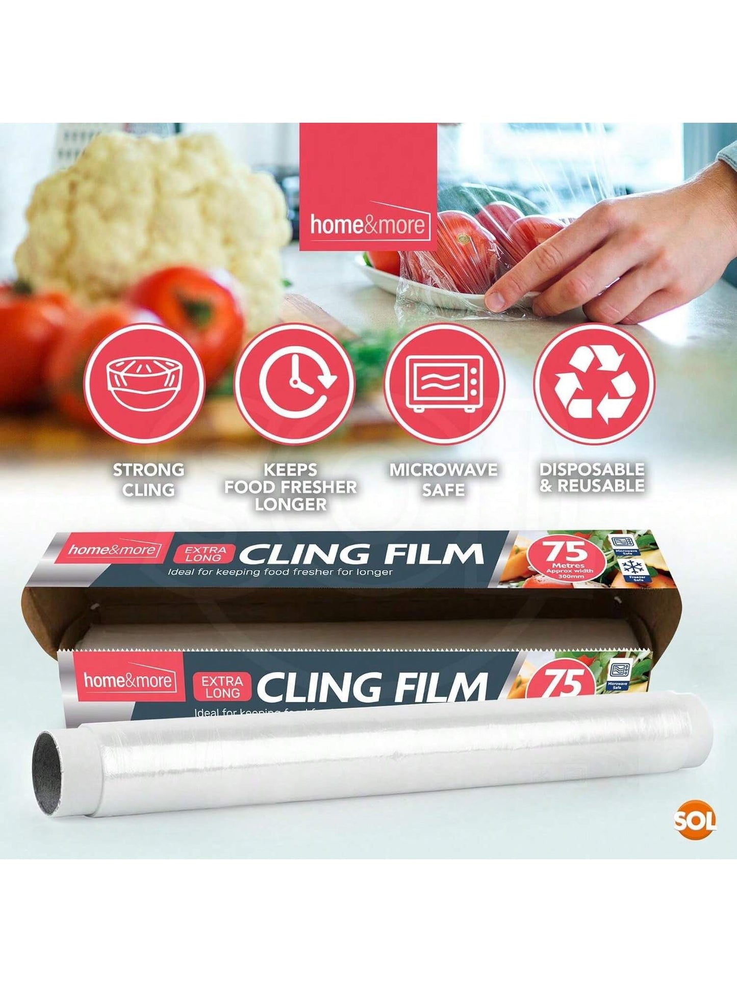 SOL 4pk Cling Film For Food 75m X 30cm – Catering Cling Film With Dispenser & Cutter – Food Wrap Refill Rolls For Kitchen, Meal Prep, And Food Storage, Easy To Use