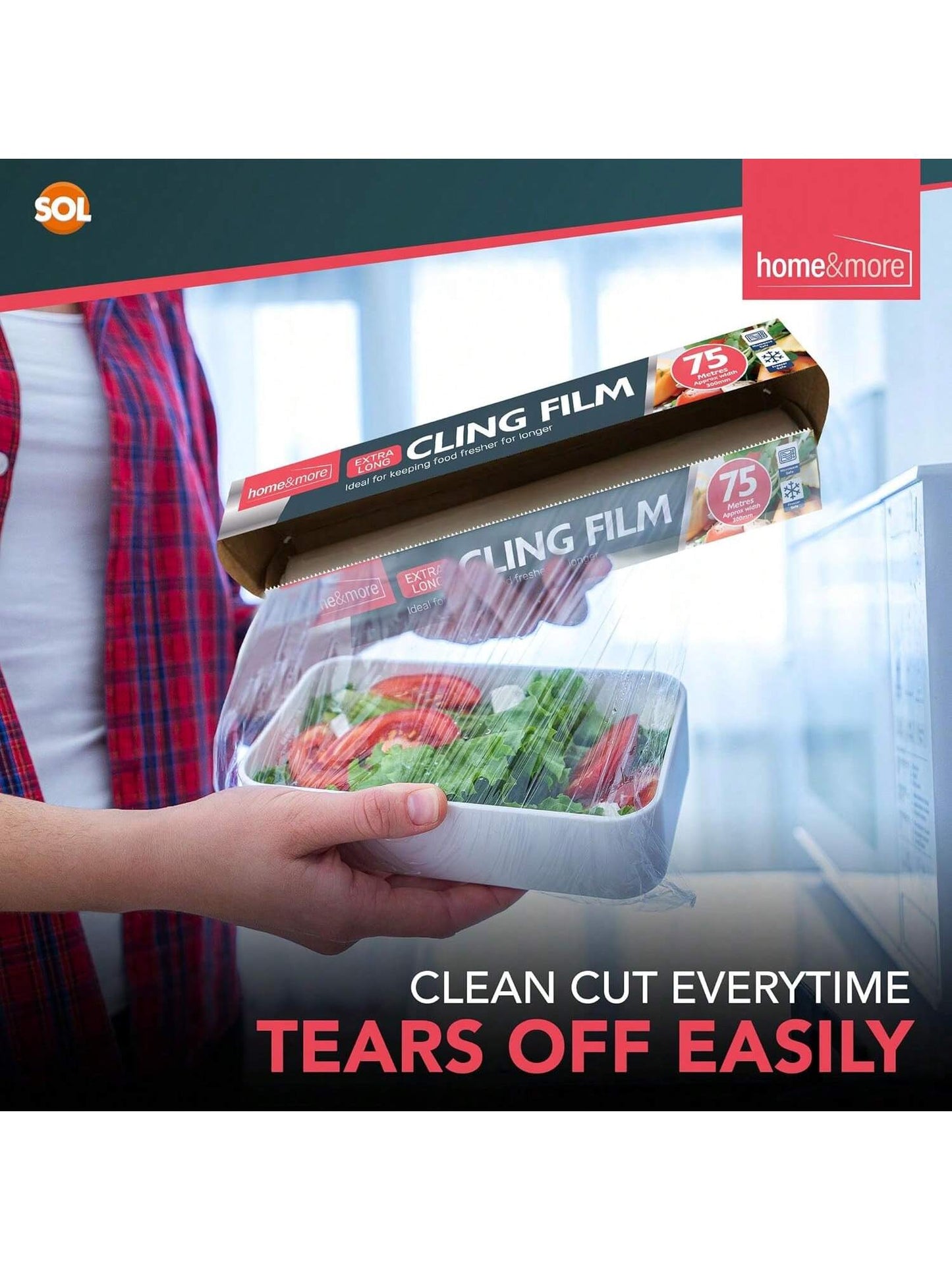 SOL 4pk Cling Film For Food 75m X 30cm – Catering Cling Film With Dispenser & Cutter – Food Wrap Refill Rolls For Kitchen, Meal Prep, And Food Storage, Easy To Use