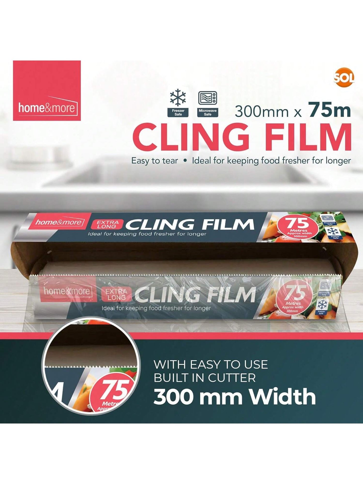 SOL 4pk Cling Film For Food 75m X 30cm – Catering Cling Film With Dispenser & Cutter – Food Wrap Refill Rolls For Kitchen, Meal Prep, And Food Storage, Easy To Use