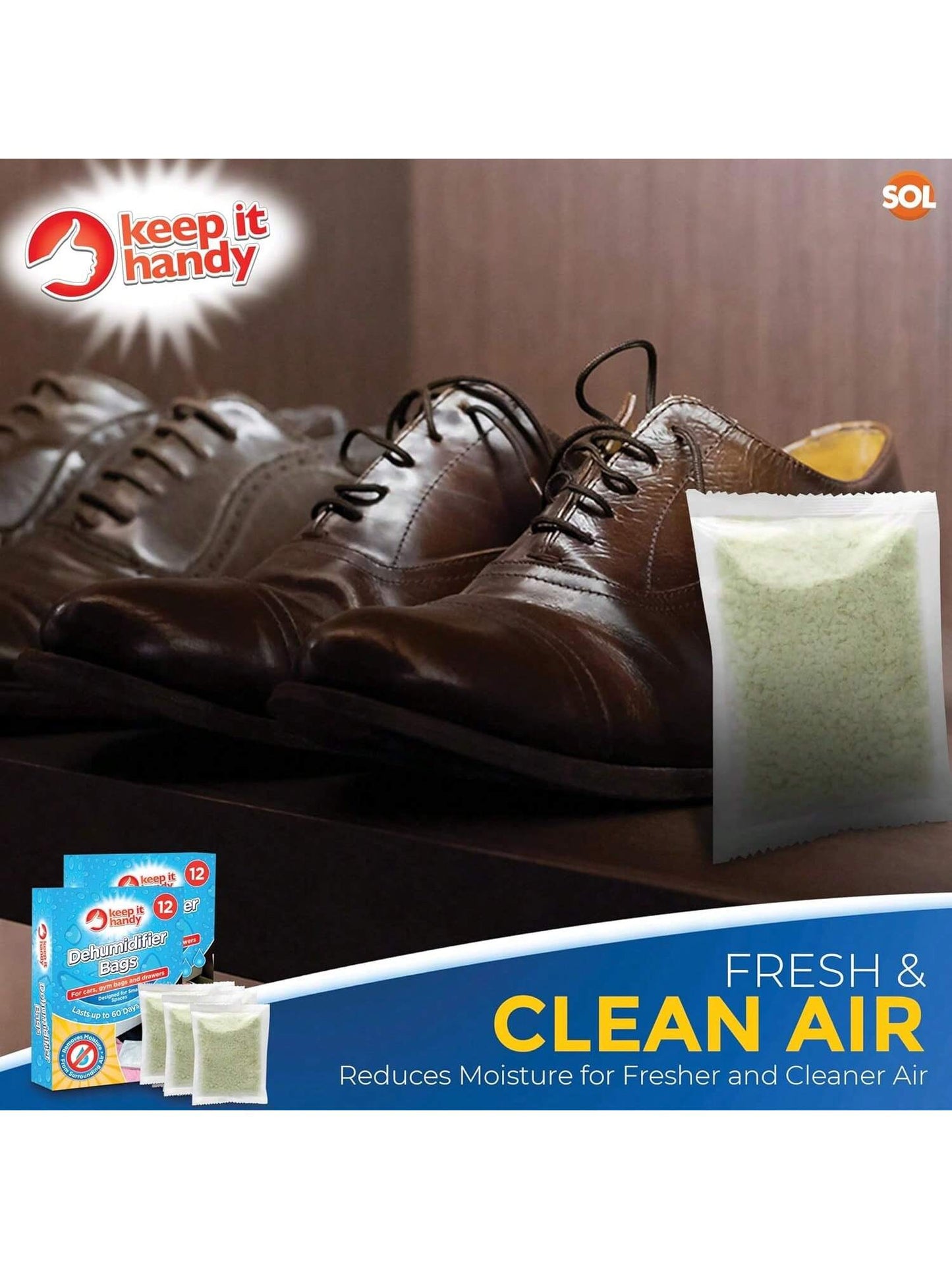 SOL 24pk Dehumidifier Bags - Interior Dehumidifiers Disposable For Home, Wardrobe & Car - Moisture Absorbers With Damp Control & Odor Removal - Compact & Portable - Fits In Small Area