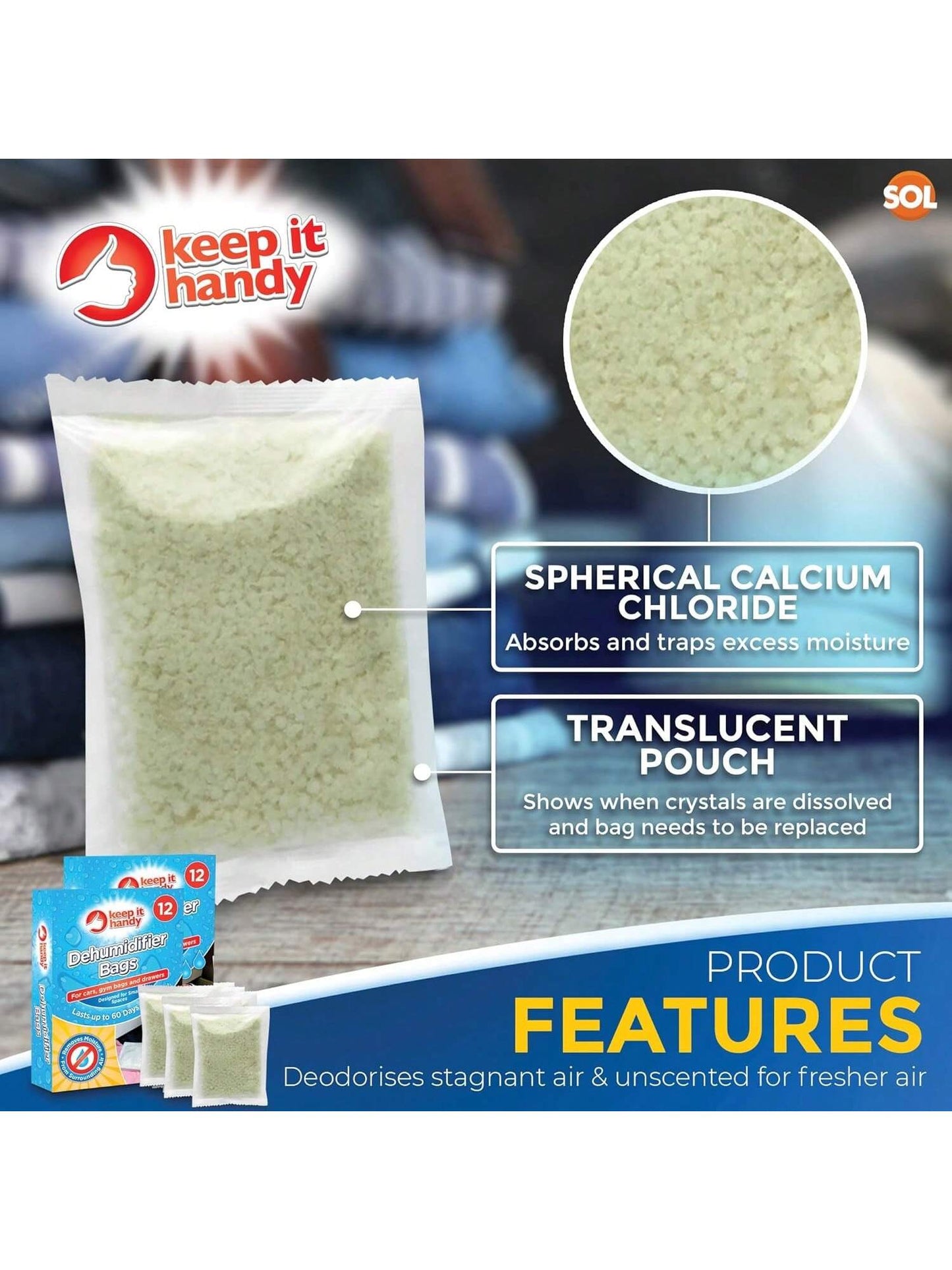 SOL 24pk Dehumidifier Bags - Interior Dehumidifiers Disposable For Home, Wardrobe & Car - Moisture Absorbers With Damp Control & Odor Removal - Compact & Portable - Fits In Small Area