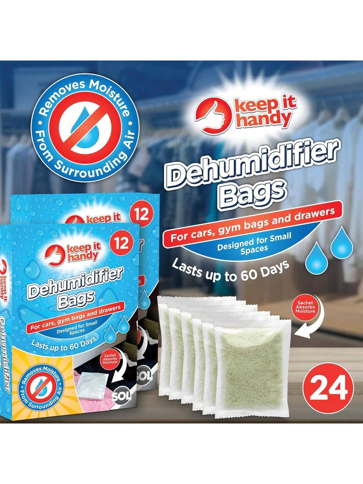 SOL 24pk Dehumidifier Bags - Interior Dehumidifiers Disposable For Home, Wardrobe & Car - Moisture Absorbers With Damp Control & Odor Removal - Compact & Portable - Fits In Small Area