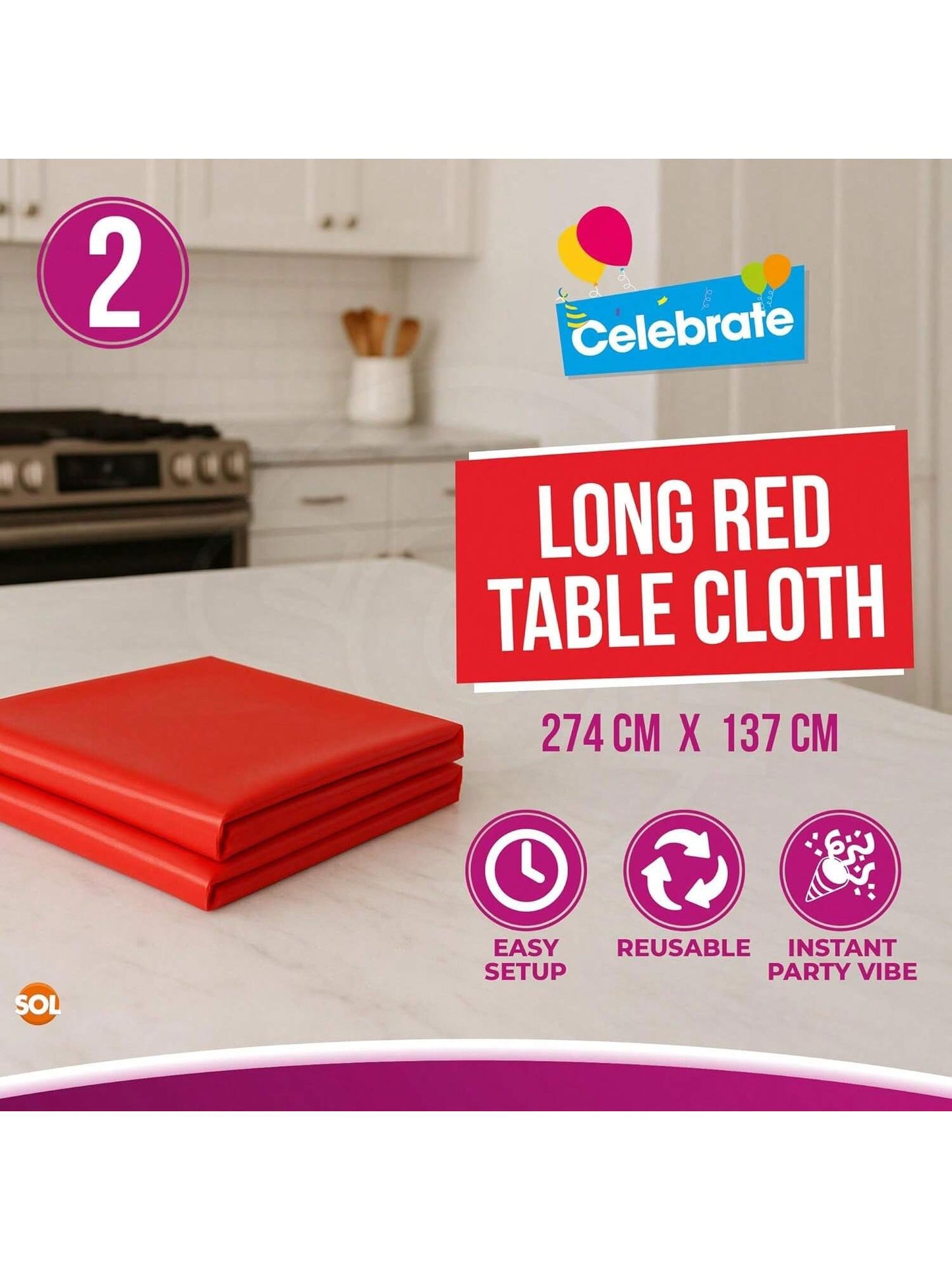 SOL 2pk Long Red Table Cloth Party 274x137cm Plastic Cover Disposable Tablecloths For Parties - Spill Protection - Great For Weddings, Buffets, Catering, Restaurants, Outdoor Events & Celebrations