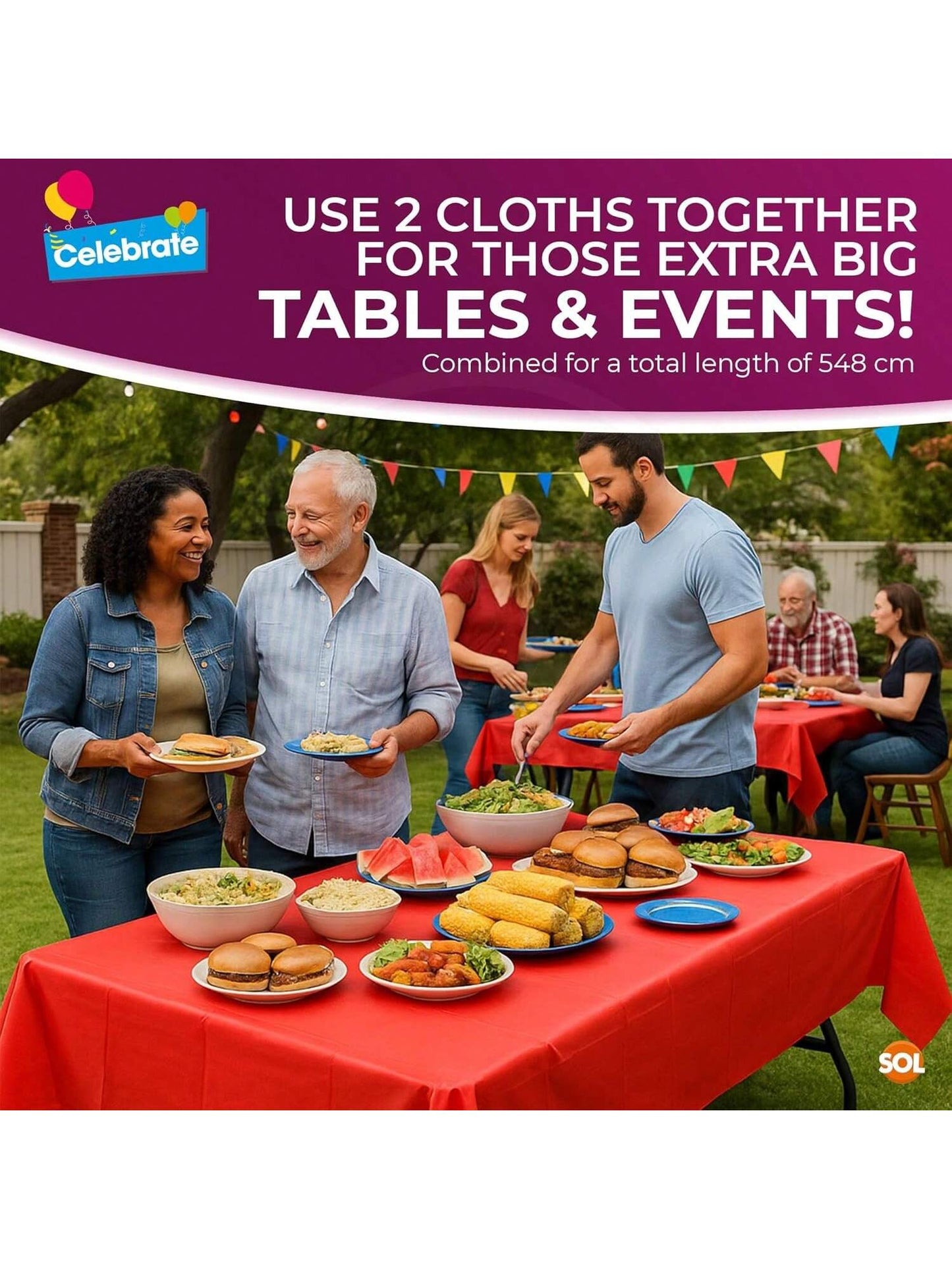 SOL 2pk Long Red Table Cloth Party 274x137cm Plastic Cover Disposable Tablecloths For Parties - Spill Protection - Great For Weddings, Buffets, Catering, Restaurants, Outdoor Events & Celebrations
