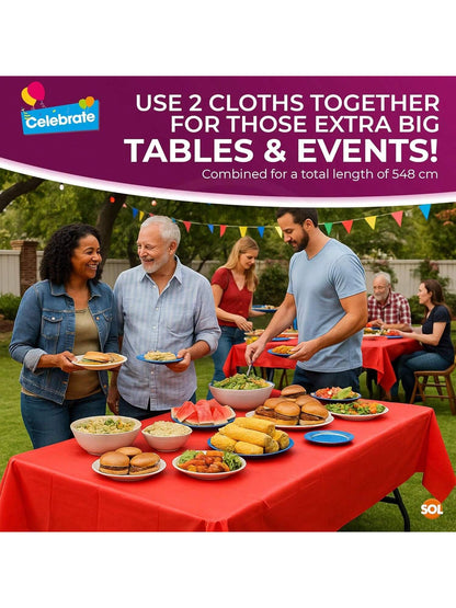 SOL 2pk Long Red Table Cloth Party 274x137cm Plastic Cover Disposable Tablecloths For Parties - Spill Protection - Great For Weddings, Buffets, Catering, Restaurants, Outdoor Events & Celebrations