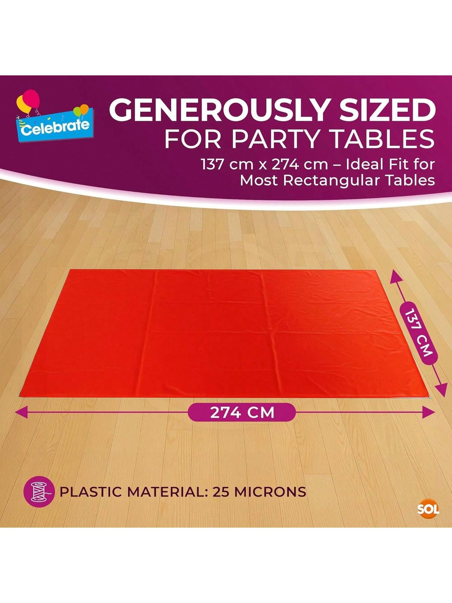 SOL 2pk Long Red Table Cloth Party 274x137cm Plastic Cover Disposable Tablecloths For Parties - Spill Protection - Great For Weddings, Buffets, Catering, Restaurants, Outdoor Events & Celebrations