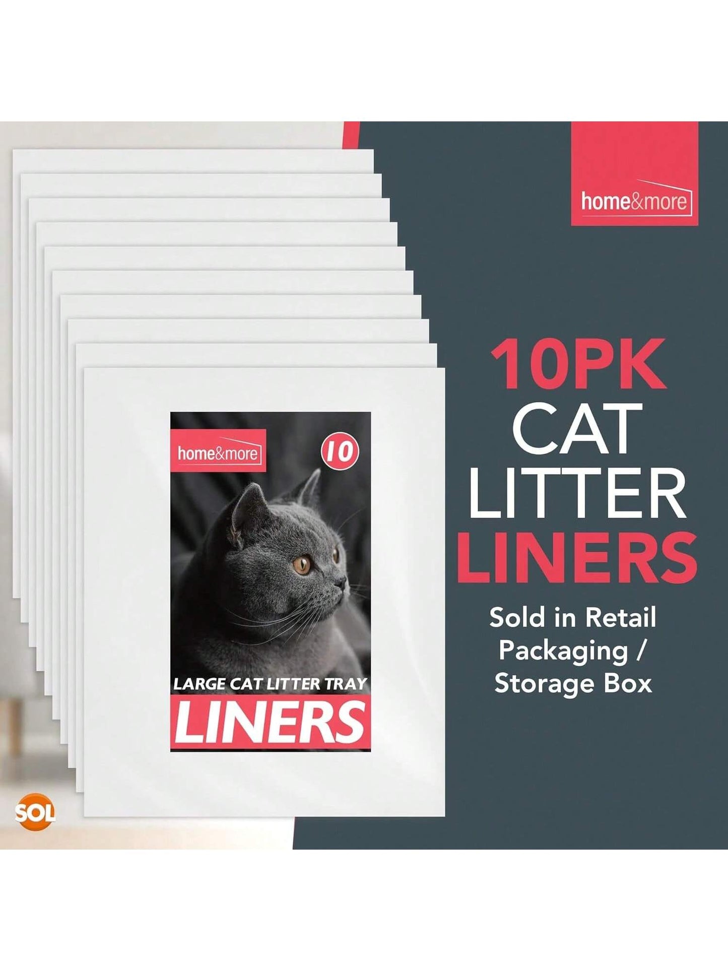 SOL 10pk Extra Large Cat Litter Tray Liners, 56cm X 70cm Thick Leak Proof Litter Bags, Tear-Resistant And Leak Proof Design For Easy Cleanup, Fit To Small To Large Cat Tray, Effortless Setup & Removal