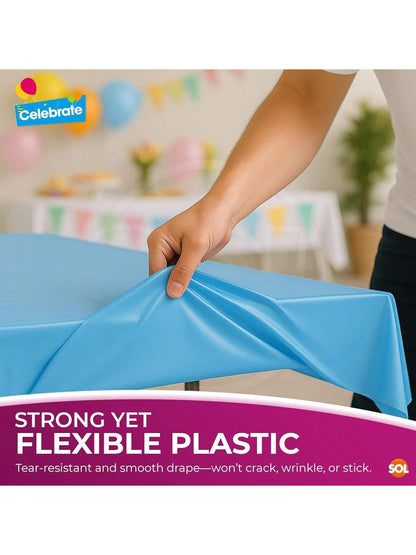SOL 2pk Long Blue Table Cloths Party Party 274x137cm Disposable Plastic Cover. Heavy Duty Spill Protection: Opaque Design For Boys Birthdays, Christening, Communion, Gender Reveals, Weddings & Events.