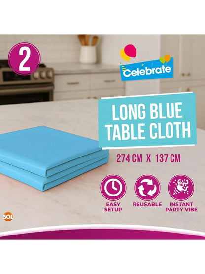SOL 2pk Long Blue Table Cloths Party Party 274x137cm Disposable Plastic Cover. Heavy Duty Spill Protection: Opaque Design For Boys Birthdays, Christening, Communion, Gender Reveals, Weddings & Events.