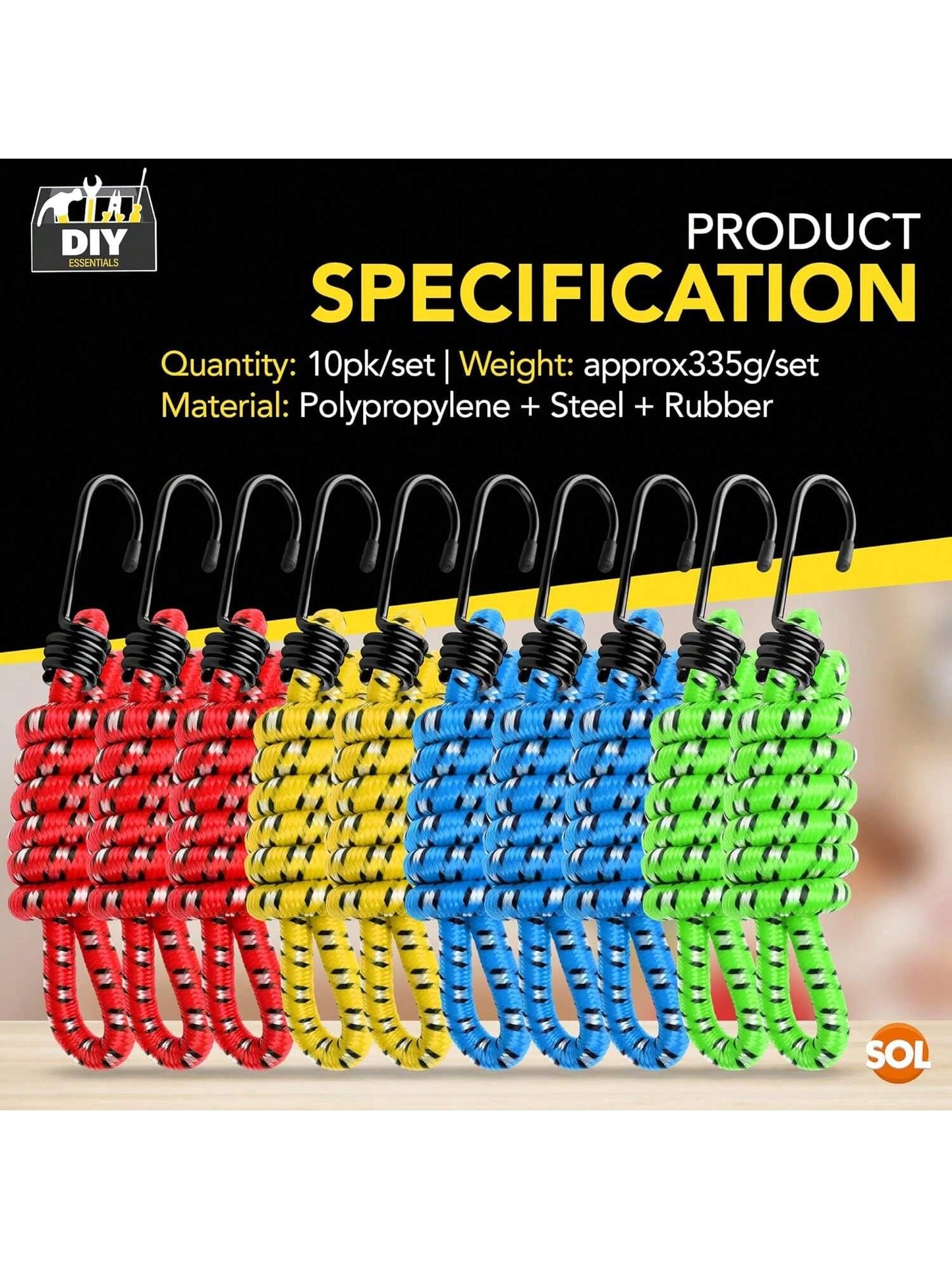 SOL 10pk Bungee Cords With Hooks - Long Adjustable Bungee Straps For Securing Loads And Bundling Items - Durable Bungees For Camping, Luggage, And Storage