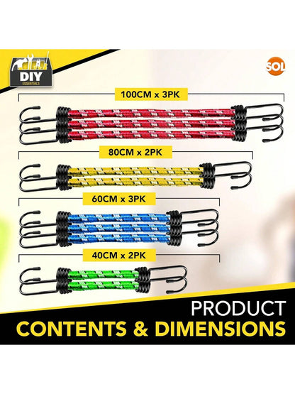 SOL 10pk Bungee Cords With Hooks - Long Adjustable Bungee Straps For Securing Loads And Bundling Items - Durable Bungees For Camping, Luggage, And Storage
