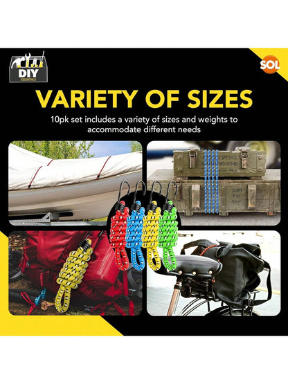 SOL 10pk Bungee Cords With Hooks - Long Adjustable Bungee Straps For Securing Loads And Bundling Items - Durable Bungees For Camping, Luggage, And Storage