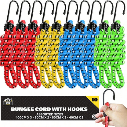 SOL 10pk Bungee Cords With Hooks - Long Adjustable Bungee Straps For Securing Loads And Bundling Items - Durable Bungees For Camping, Luggage, And Storage