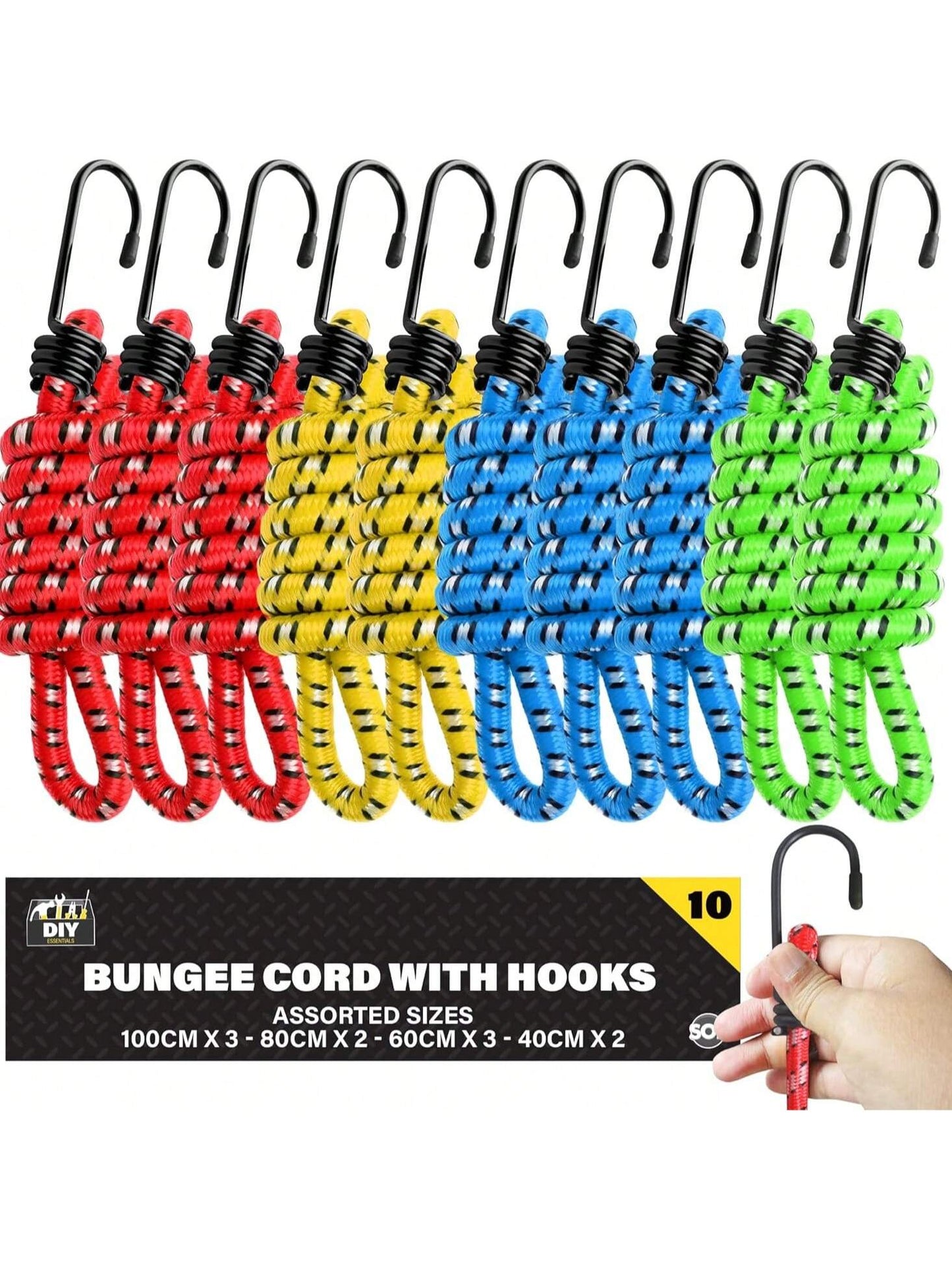 SOL 10pk Bungee Cords With Hooks - Long Adjustable Bungee Straps For Securing Loads And Bundling Items - Durable Bungees For Camping, Luggage, And Storage