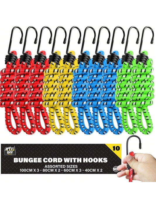 SOL 10pk Bungee Cords With Hooks - Long Adjustable Bungee Straps For Securing Loads And Bundling Items - Durable Bungees For Camping, Luggage, And Storage