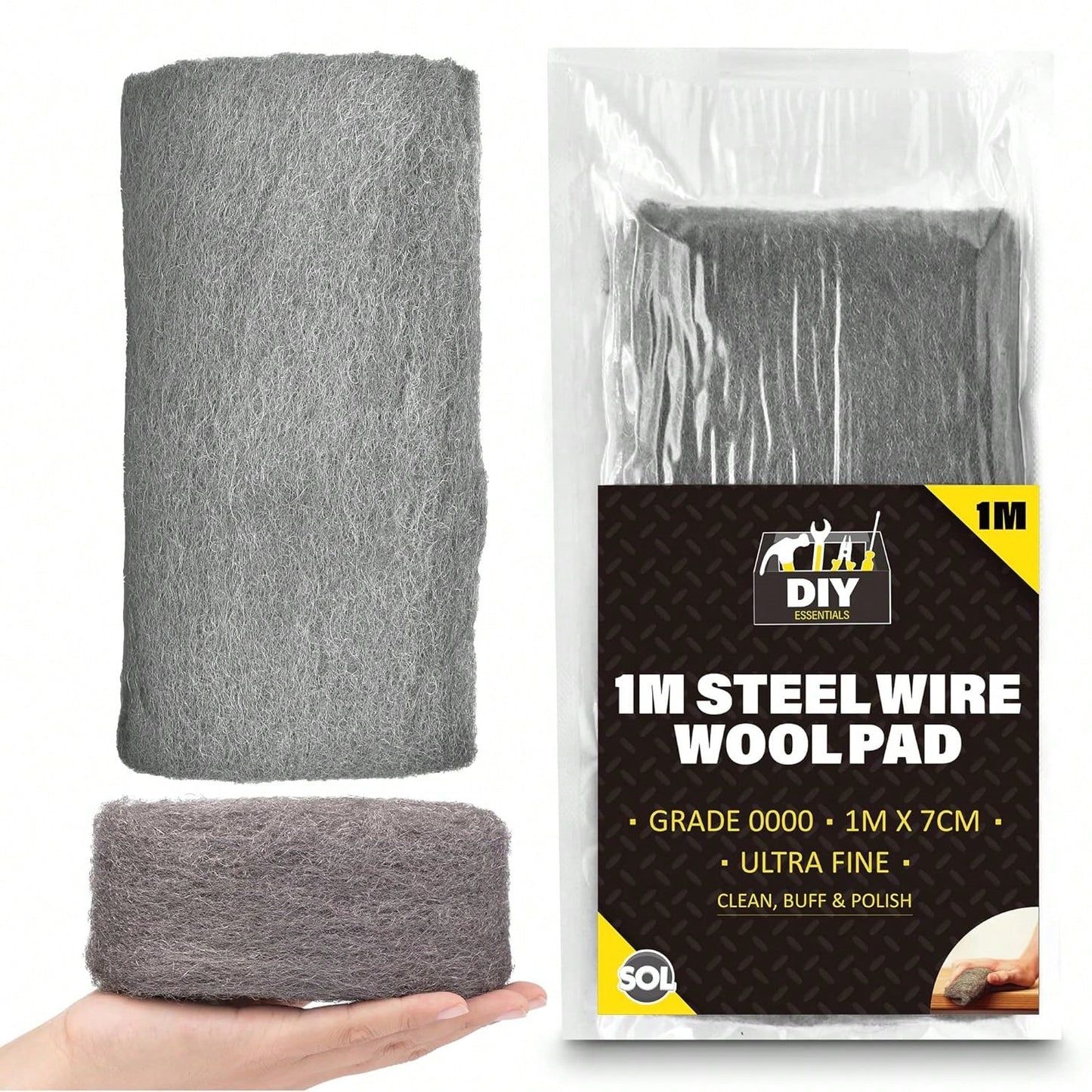 SOL 1 Meter Steel Wire Wool Pad - 1m Long X 7cm Wide - Grade 0000 - Steel Wool Mice For Polishing, Cleaning, Blocking Small Holes For Mice Rodent Control - Ultra Fine - Multipurpose