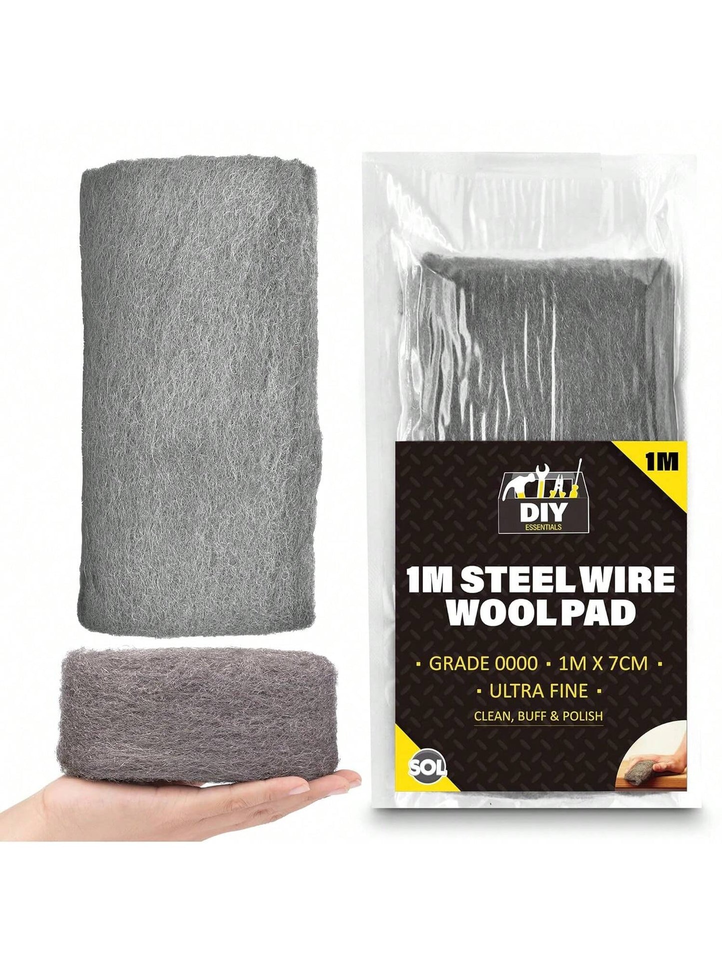 SOL 1 Meter Steel Wire Wool Pad - 1m Long X 7cm Wide - Grade 0000 - Steel Wool Mice For Polishing, Cleaning, Blocking Small Holes For Mice Rodent Control - Ultra Fine - Multipurpose