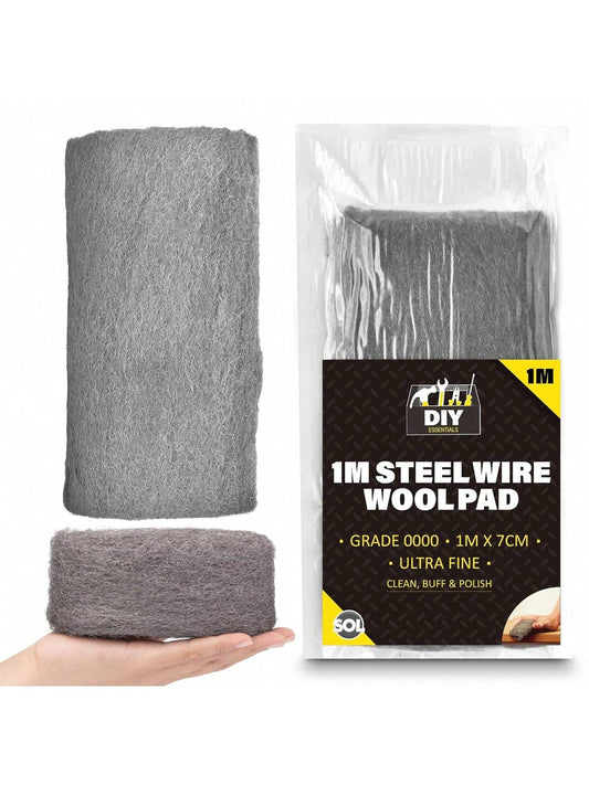 SOL 1 Meter Steel Wire Wool Pad - 1m Long X 7cm Wide - Grade 0000 - Steel Wool Mice For Polishing, Cleaning, Blocking Small Holes For Mice Rodent Control - Ultra Fine - Multipurpose