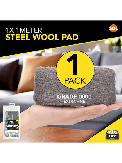 SOL 1 Meter Steel Wire Wool Pad - 1m Long X 7cm Wide - Grade 0000 - Steel Wool Mice For Polishing, Cleaning, Blocking Small Holes For Mice Rodent Control - Ultra Fine - Multipurpose