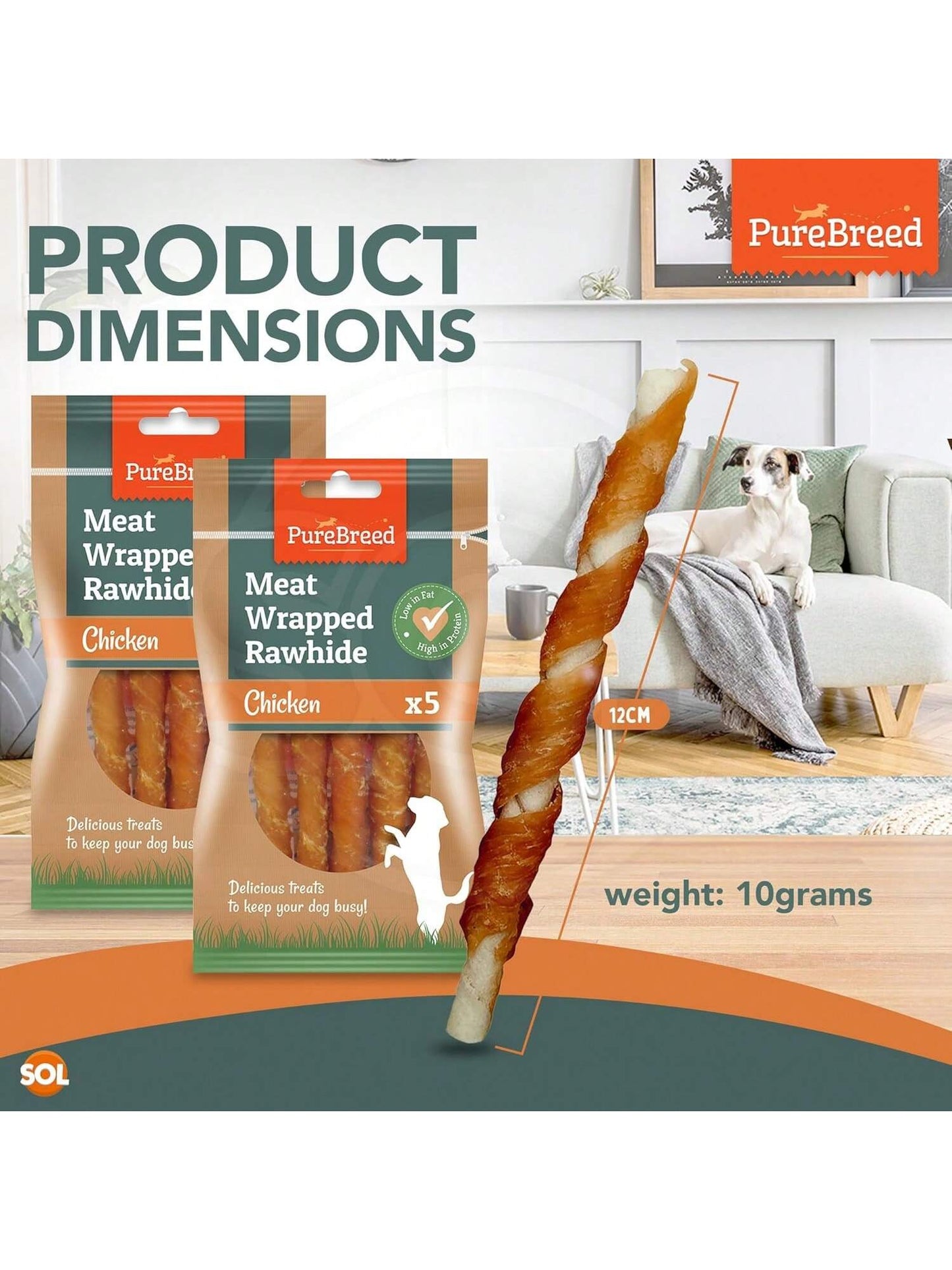 SOL 10pk Meat Wrapped Delicious Dog Treats, Twist Rawhide Sticks In Savoury Chicken Flavour, Puppy Chews For Reward & Training, Low Fat, High Protein Dog Chew Sticks Convenient For Travel & Walks
