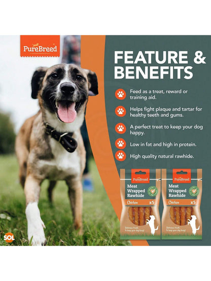 SOL 10pk Meat Wrapped Delicious Dog Treats, Twist Rawhide Sticks In Savoury Chicken Flavour, Puppy Chews For Reward & Training, Low Fat, High Protein Dog Chew Sticks Convenient For Travel & Walks