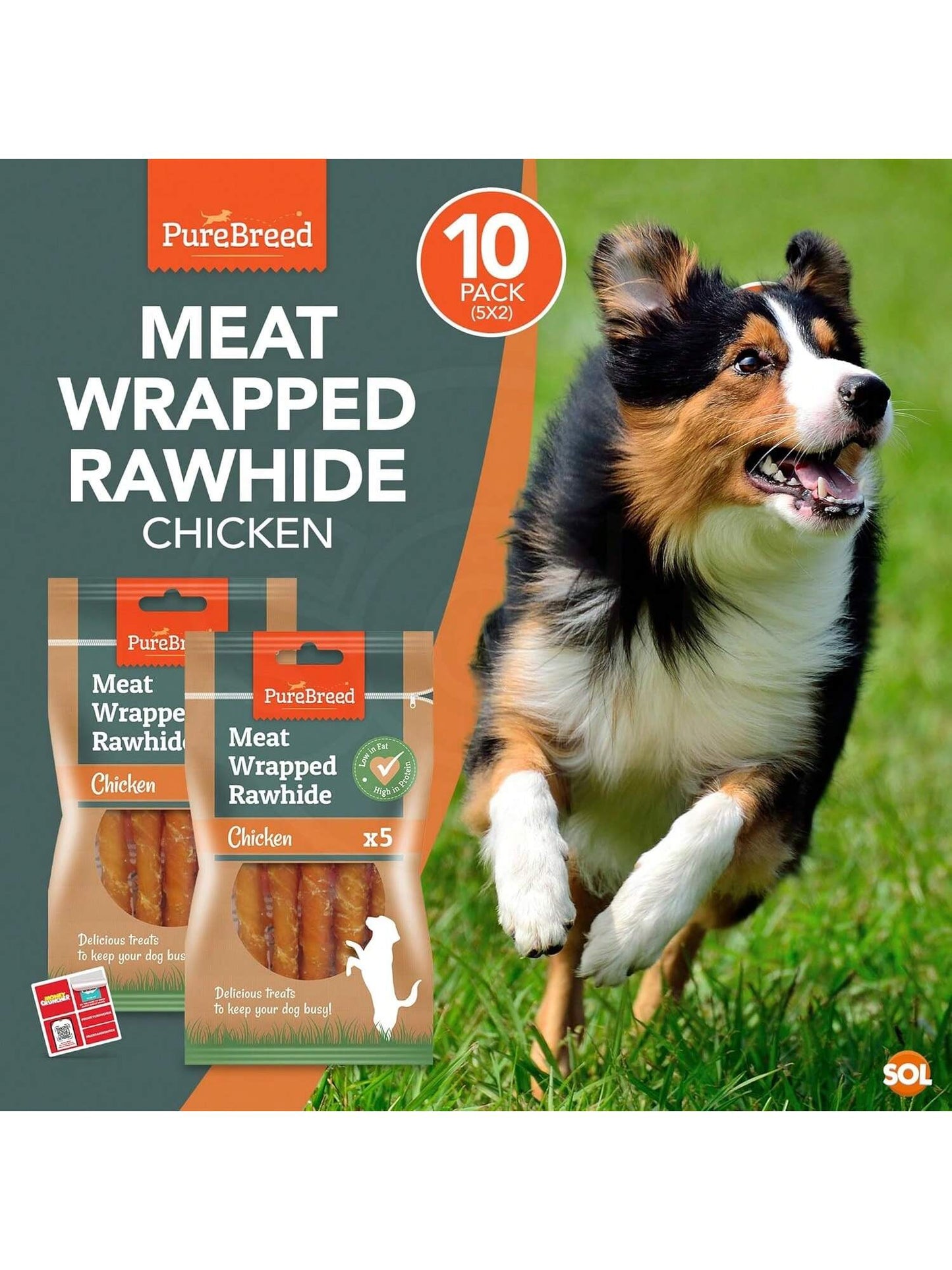 SOL 10pk Meat Wrapped Delicious Dog Treats, Twist Rawhide Sticks In Savoury Chicken Flavour, Puppy Chews For Reward & Training, Low Fat, High Protein Dog Chew Sticks Convenient For Travel & Walks