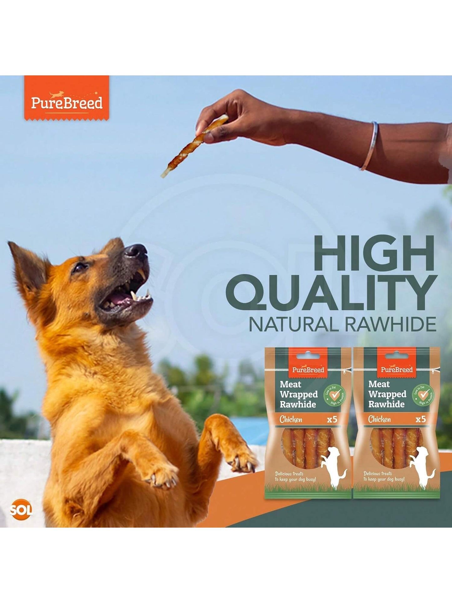 SOL 10pk Meat Wrapped Delicious Dog Treats, Twist Rawhide Sticks In Savoury Chicken Flavour, Puppy Chews For Reward & Training, Low Fat, High Protein Dog Chew Sticks Convenient For Travel & Walks