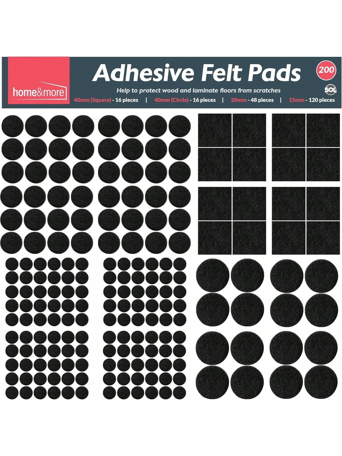 SOL 200pk Felt Pad For Furniture Feet – Felt Floor Protectors For Chairs & Furniture Legs – Chair Leg Floor Protectors To Protect Hardwood Floors