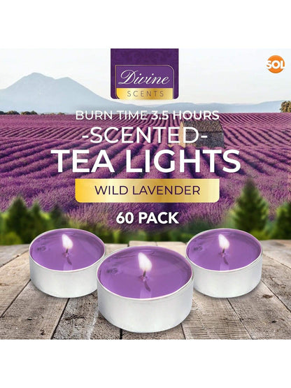 SOL 60pk Tea Light Candles Wild Lavenders – 3.5 Hour Burn Time, Scented Tea Lights Candles, Long-Lasting And Ideal Home Decor, Relaxation, Romantic Dinners, Weddings, Cosy Evenings & Special Occasion