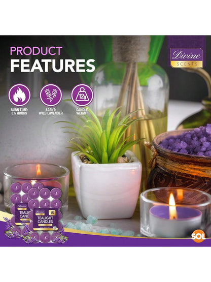 SOL 60pk Tea Light Candles Wild Lavenders – 3.5 Hour Burn Time, Scented Tea Lights Candles, Long-Lasting And Ideal Home Decor, Relaxation, Romantic Dinners, Weddings, Cosy Evenings & Special Occasion