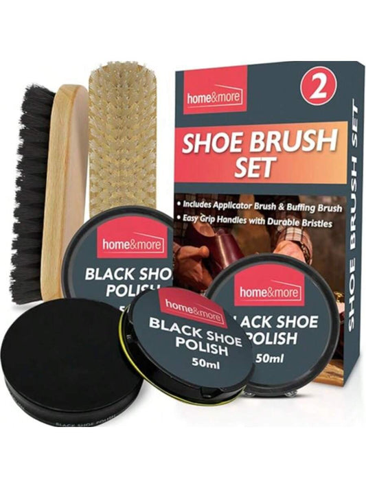 SOL 2pk Shoe Brush Set & 3 Black Shoe Polish – Leather Boot Polish Kit – Includes Soft & Stiff Brushes, 3 Wax Tins For Leather Care, Cleaning, Conditioning, Shine & Scuff Covering