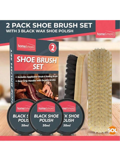 SOL 2pk Shoe Brush Set & 3 Black Shoe Polish – Leather Boot Polish Kit – Includes Soft & Stiff Brushes, 3 Wax Tins For Leather Care, Cleaning, Conditioning, Shine & Scuff Covering