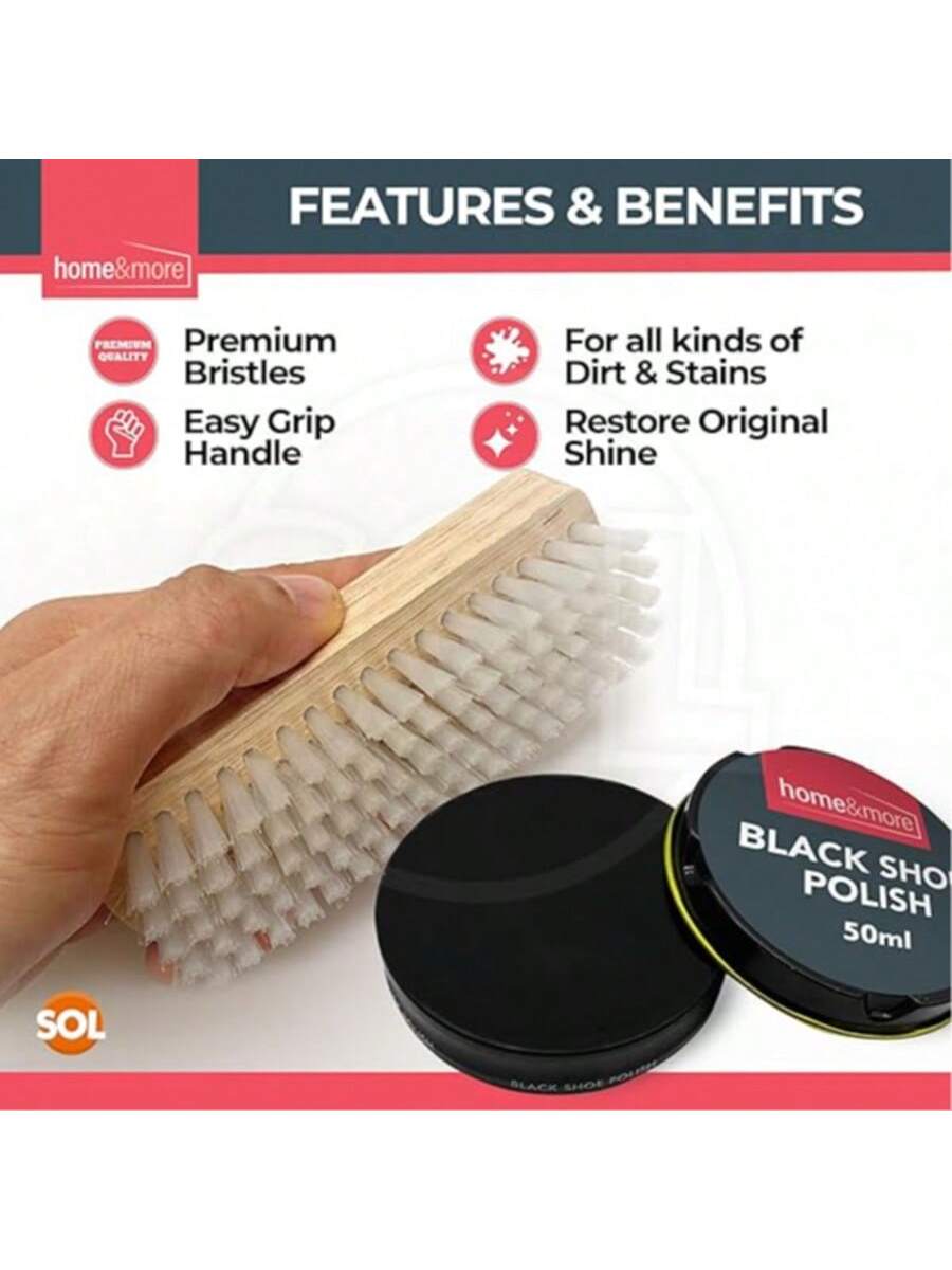 SOL 2pk Shoe Brush Set & 3 Black Shoe Polish – Leather Boot Polish Kit – Includes Soft & Stiff Brushes, 3 Wax Tins For Leather Care, Cleaning, Conditioning, Shine & Scuff Covering