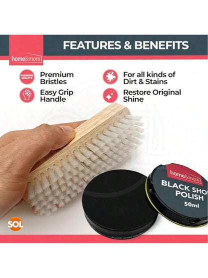 SOL 2pk Shoe Brush Set & 3 Black Shoe Polish – Leather Boot Polish Kit – Includes Soft & Stiff Brushes, 3 Wax Tins For Leather Care, Cleaning, Conditioning, Shine & Scuff Covering