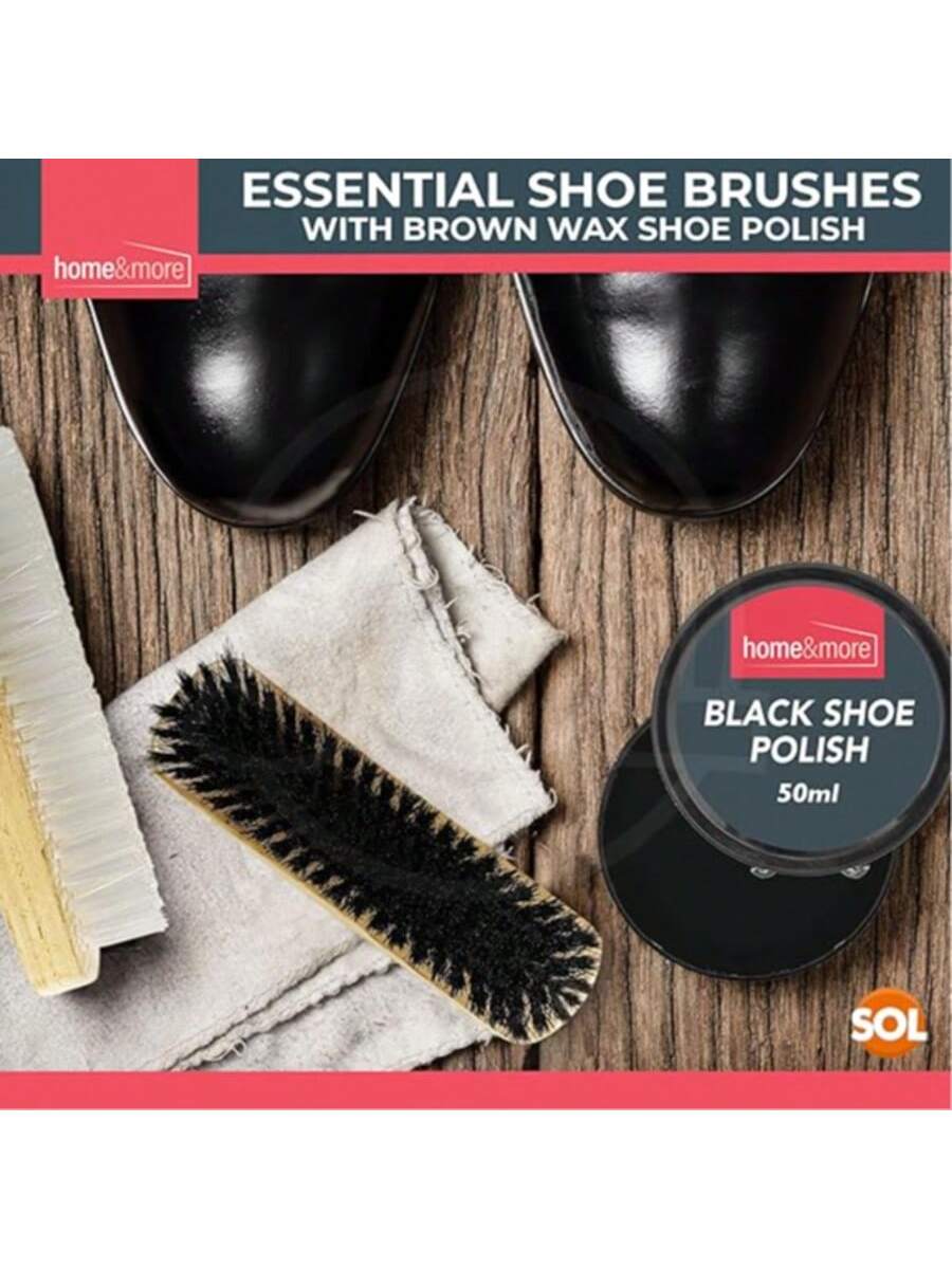 SOL 2pk Shoe Brush Set & 3 Black Shoe Polish – Leather Boot Polish Kit – Includes Soft & Stiff Brushes, 3 Wax Tins For Leather Care, Cleaning, Conditioning, Shine & Scuff Covering