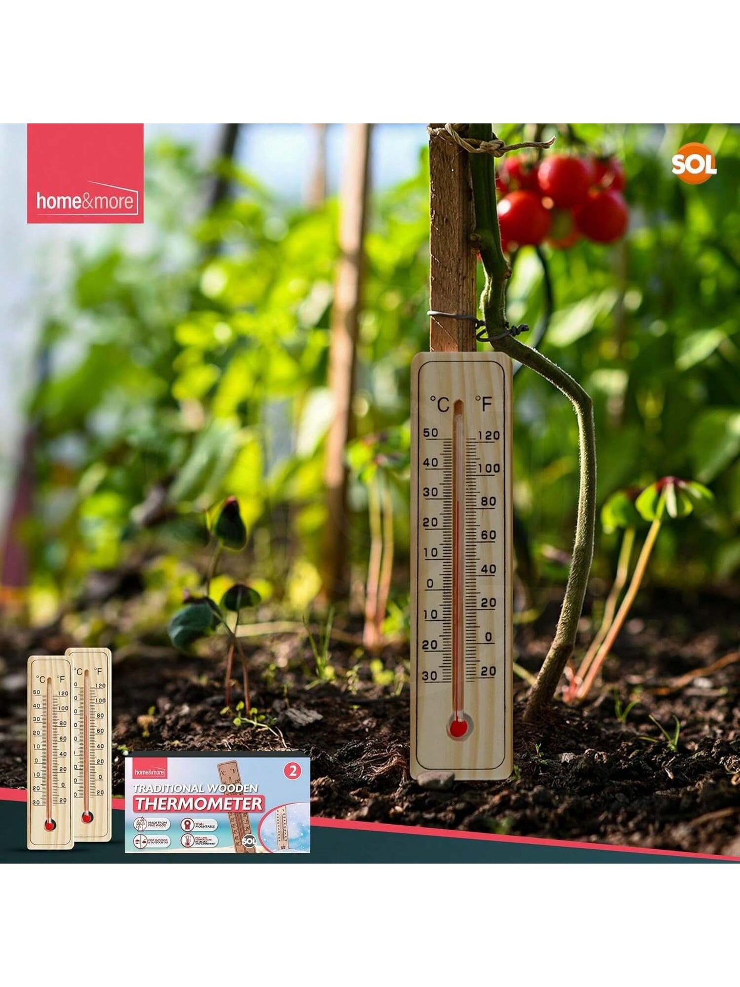 SOL 2pk Traditional Wooden Thermometer – Indoor & Outdoor Wall Temperature Gauge For Home, Garden, Greenhouse, Nursery, Office Or Patio – Accurate Wooden Thermometers For Room & Outdoor Monitoring