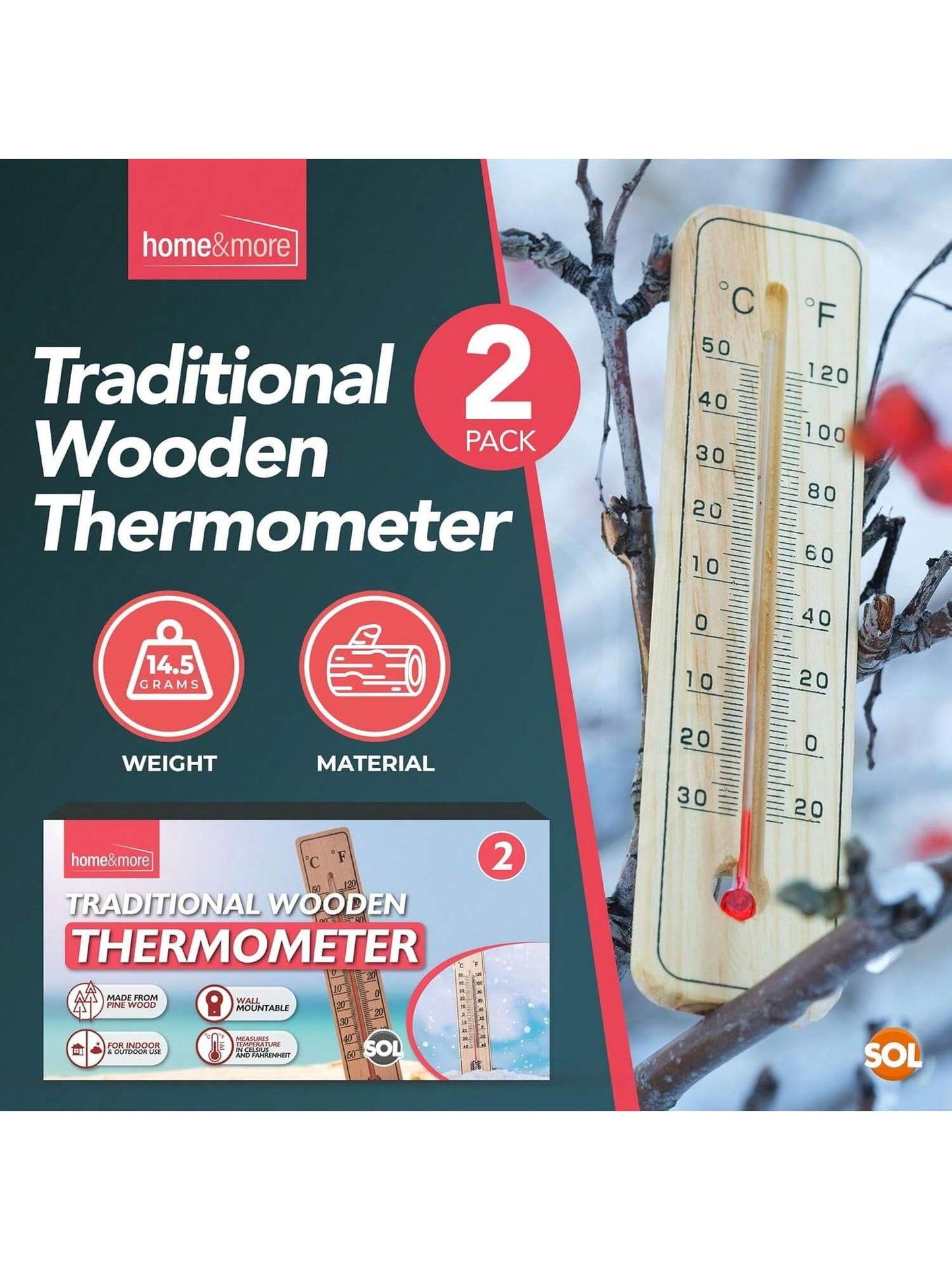 SOL 2pk Traditional Wooden Thermometer – Indoor & Outdoor Wall Temperature Gauge For Home, Garden, Greenhouse, Nursery, Office Or Patio – Accurate Wooden Thermometers For Room & Outdoor Monitoring