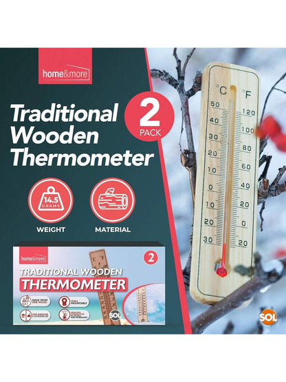 SOL 2pk Traditional Wooden Thermometer – Indoor & Outdoor Wall Temperature Gauge For Home, Garden, Greenhouse, Nursery, Office Or Patio – Accurate Wooden Thermometers For Room & Outdoor Monitoring